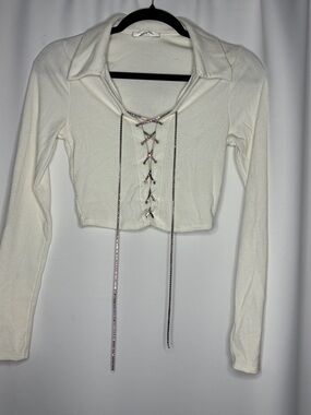 A3 Design White Rhinestone Lace-Up Collared Long-Sleeve Crop Top